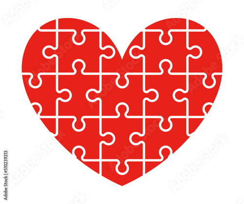 Puzzle heart jigsaw. Puzzle piece of heart, love shapes. Icon, symbol of jigsaw for valentine. Together heart logo with pieces and solution. Drawing illustration of red love heart. Vector