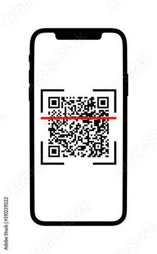 Scan of qr code by phone icon. Phone scanning qrcode. Mobile smartphone with barcode scanner app logo in line. Qr code camera reader in telephone illustration. Vector. Screen with scanner bar