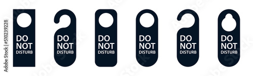 Door hanger for hotel. Do not disturb sign, hanger for handle hang. Tag, card icon with dont disturb label template for room knob. Paper warning of closed, lock, sleep, busy and quit for room. Vector