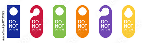 Door hanger for hotel. Do not disturb sign, hanger for handle hang. Tag, card icon with dont disturb label template for room knob. Paper warning of closed, lock, sleep, busy and quit for room. Vector