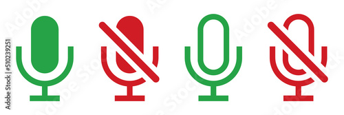 Icons of microphone, voice record, radio. Vector mike, mic symbols of live podcast, audio. Retro vocal speaker buttons of broadcast, interview, karaoke isolated. Classical micro with mute, volume off