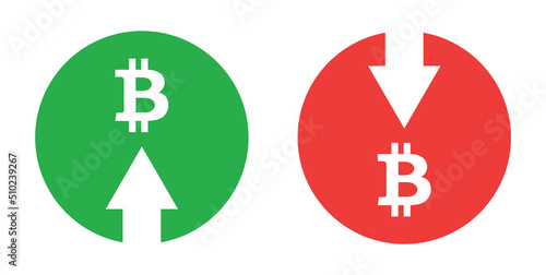 Icons of up and down arrows with money of bitcoin. Bitcoin increase and down of stock price. Symbol, sign of growth and decrease of bitcoin cash cost and rate on market. Vector