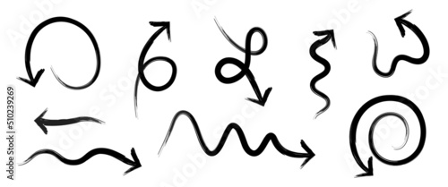Arrows set in hand drawn style. Icons of sketches of doodle line arrows. Design of pencil black arrows with down and up directions. Vector. Signs graphic curve arrow elements made by pen on white