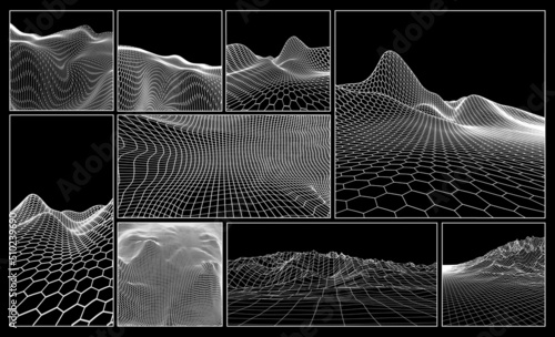 Wireframe landscape backgrounds set. EPS 10 Vector illustration. Terrain digital topography wireframe. Mountain data wireframe modelling map.