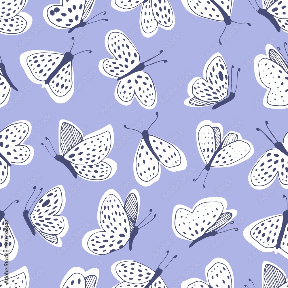 White moths on a blue background vector seamless pattern. Line and spot. White moths on a blue background vector seamless pattern. Line and spot.