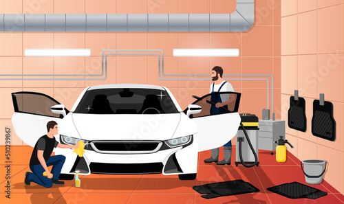 Car wash service interior. Carwash cleaning station. Clean white sedan automobile. Worker with vacuum cleaner. Man polishing, wiping headlight . Toned windows vehicle. Black mats. Vector illustration