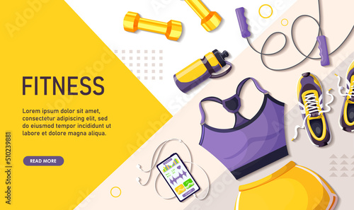 Fitness gym women accessories poster. Training equipment for woman. Girls sport motivation flyer. Female violet suit, shorts, bottle of water, smartphone, skipping ropes, sneakers. Vector illustration