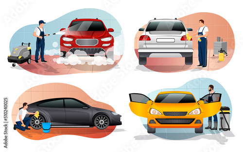 Car wash workers logo. Carwash icons. Auto cleaning worker in uniform drying black automobile with cloth. People washing vehicle and man with vacuum cleaner cleaning colorful cars. Vector illustration