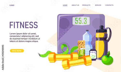 Fitness gym accessories poster. Female dumbbells, bottle of water, smart watches, sneakers, healthy bar, green apple, tape centimeter. Training equipment. Woman sport motivation. Vector illustration