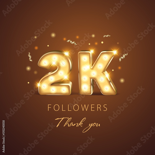 2k followers with glowing golden thank you numbers on a dark background with golden candies