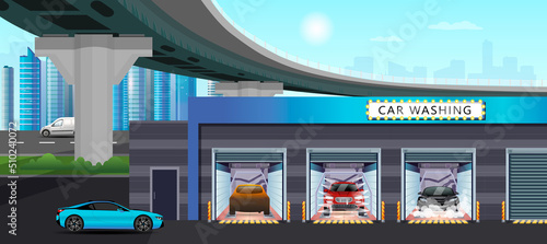 Car wash service station. Automatic carwash in cityscape under bridge. Auto spa cleaning garage. Washing vehicle high pressure with brushes in detailing box. Clean and shiny car. Vector illustration