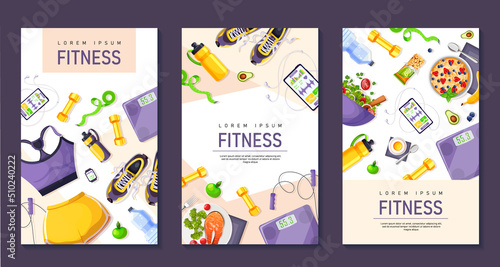 Fitness gym girl accessories poster. Training equipment for woman. Flyer sport motivation. Workout icons. Female violet suit, yellow shorts, bottle of water, scales, sneakers. Vector illustration