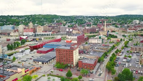 Aerial flying over Duluth, Minnesota, Downtown, Amazing Landscape, Drone View photo