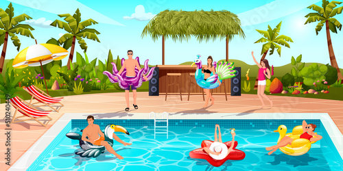 People enjoy swimming pool party. Sun shine, clear blue water. Sun bath, dance, float on inflatable animal toy, Tropical hotel, sunny beach, villa. Young man, women, summer resort, Vector illustration