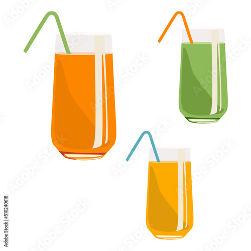 Vector glass glass of orange green yellow juice with straw for cocktail flat with stroke