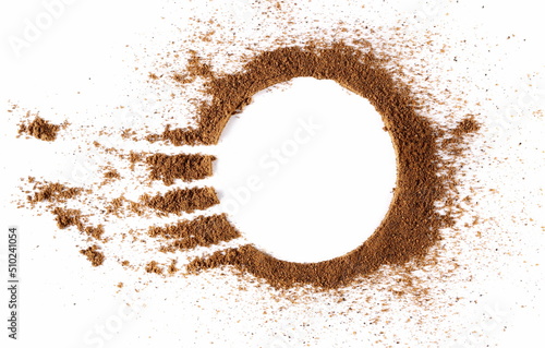 Pile ground, milled nutmeg powder isolated on white, top view 