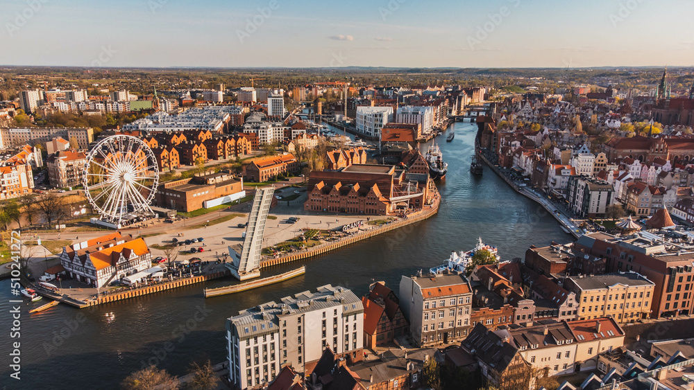 Amazing panorama of Gdańsk with visible church towers. - obrazy, fototapety, plakaty 