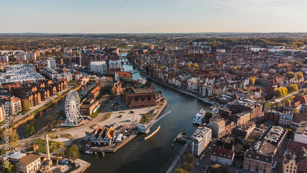 Amazing panorama of Gdańsk with visible church towers.
