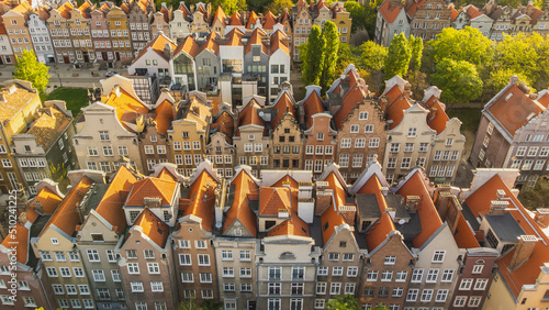 A drone view of the old town houses in Gdańsk in the morning.
