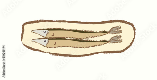 Cute fried pacific saury fish on a yellow plat in cartoonish vector flat illustration art design