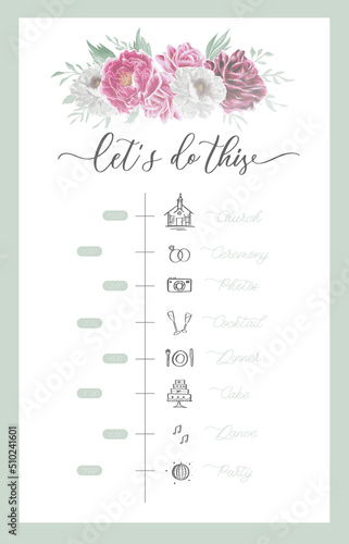 Wedding Timeline menu on wedding day with watercolor flower. Abstract floral art background vector design for wedding and vip cover template.