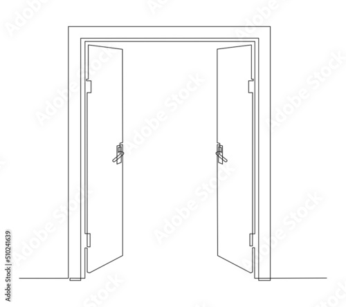 Hall with open front double door. Entrance to a room or office. Continuous line drawing, vector illustration.