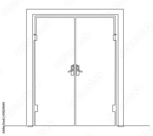 Hall with open front double door. Entrance to a room or office. Continuous line drawing, vector illustration.