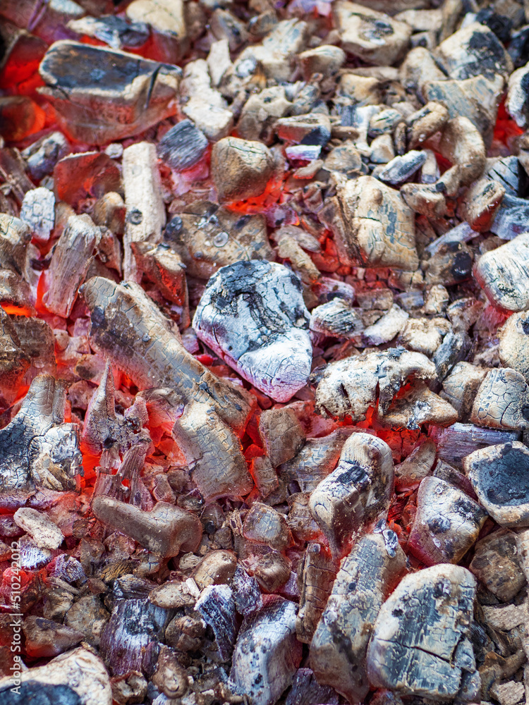 Close-up of burning coals in the barbecue grill