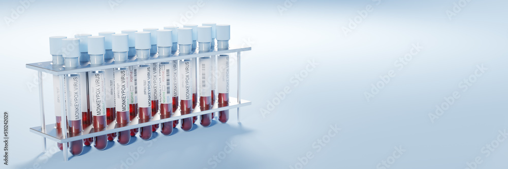 glass test tubes in a scientific laboratory with blood samples for research on the presence of monkeypox virus. wide format 3d rendering with copy space glass test tubes in a scientific laboratory with blood samples for research on the presence of monkeypox virus. wide format 3d rendering with copy space
