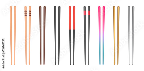 Realistic vector wooden and metallic chopsticks. Asian utensils set. Classic and modern black, brown, golden and silver chopsticks.