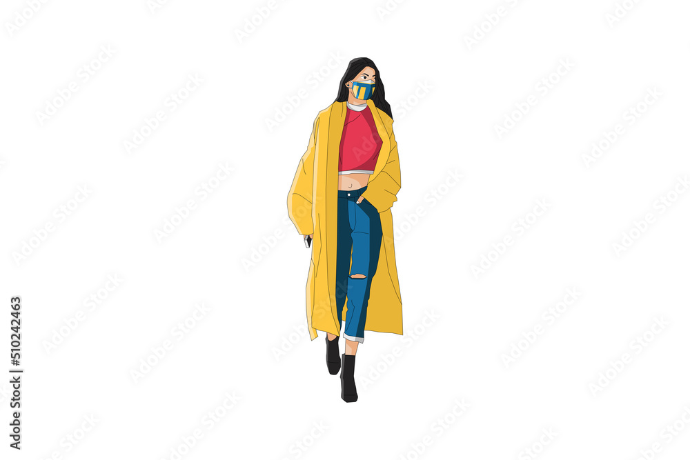 Vector illustration of fashionable women walking with mask