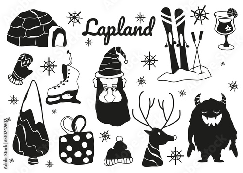 A set of traditional symbols of Lapland. Deer, Santa Claus, mittens, decoration, snowman, yurt, skis, mulled wine, igloo, skates, gift, Christmas tree, snowflakes. Happy New Year! Merry Christmas!