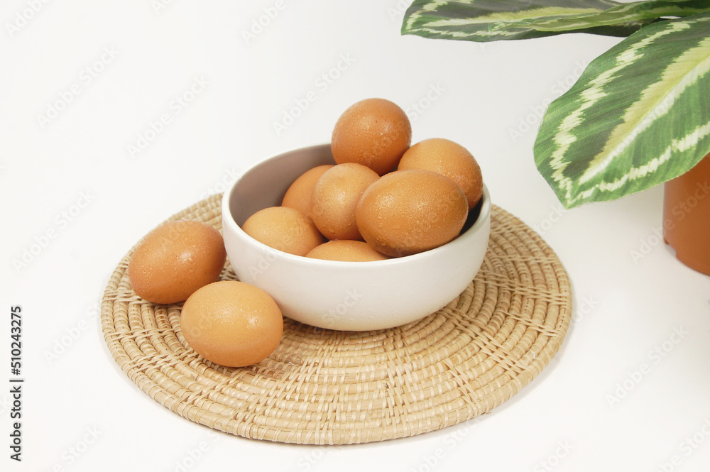 Eggs from the refrigerator with green leaves. Eggs from the refrigerator with green leaves.