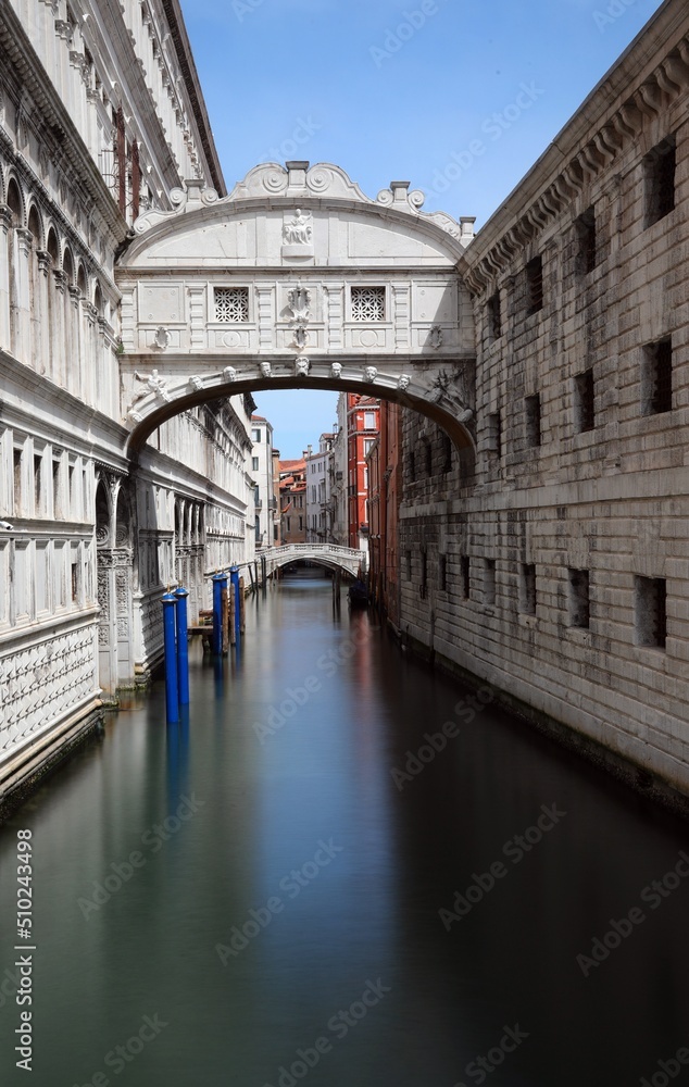 Bridge of Sighs in Venice In Italy and navigable canal called RIO PALAZZO with long exposition effect