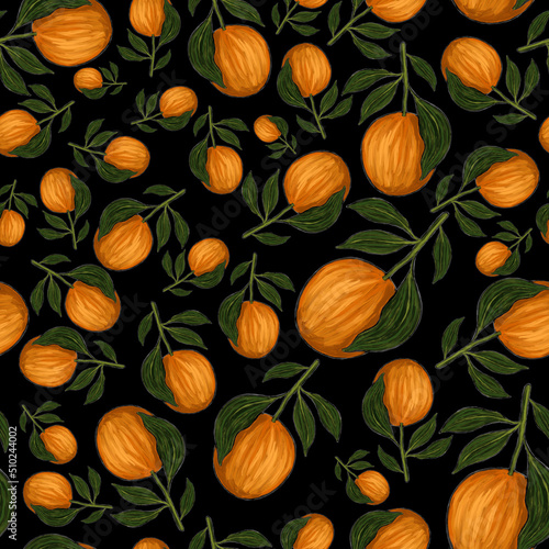 Creative seamless pattern with oranges. Oil paint effect. Bright summer print...