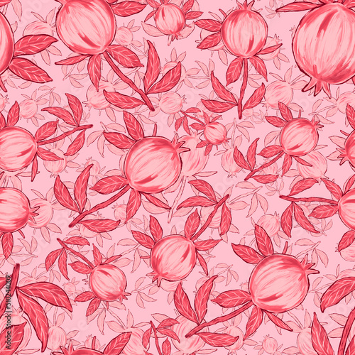 Creative seamless pattern with pomegranate. Oil paint effect. Bright summer p...