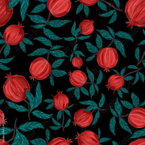 Creative seamless pattern with pomegranate. Oil paint effect. Bright summer p...