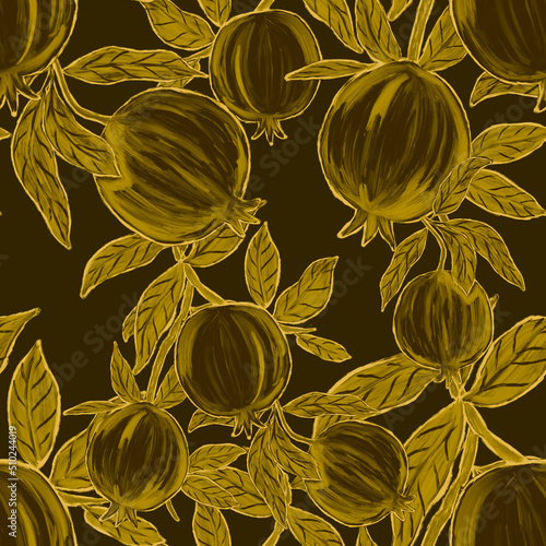 Creative seamless pattern with pomegranate. Oil paint effect. Bright summer p...