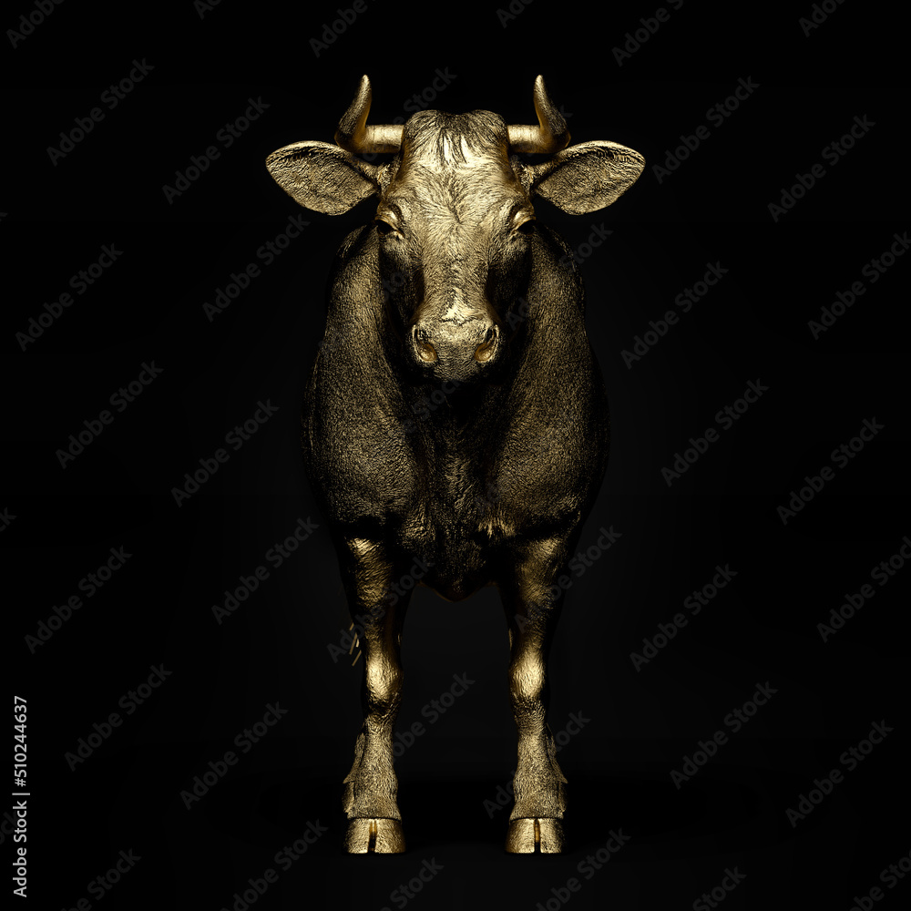 Golden cow on a dark background. Front view. 3D illustration. Golden cow on a dark background. Front view. 3D illustration.