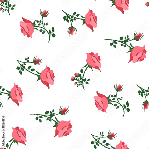 Blooming roses and buds on a white background. Vector seamless pattern.