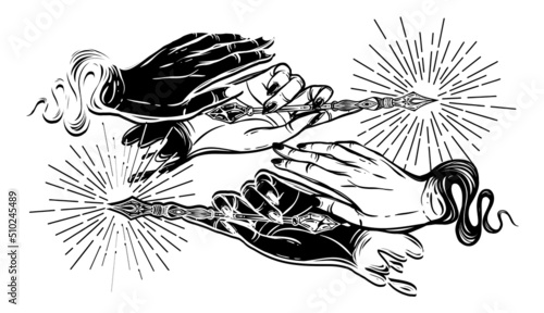 Vector illustration. Fountain pen hand, write in ink, white anemones flowers, handmade. Stickers, postcard