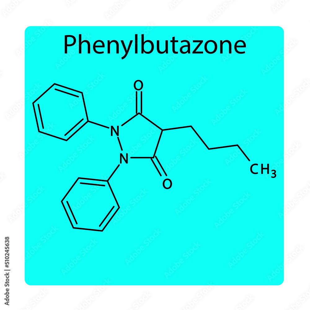 Phenylbutazone molecular structure, flat skeletal chemical formula. NSAID drug used to treat ankylosing spondylitits, rheumatoid arthritis, gout, osteoarthritis, pain, swelling. blue background Vector