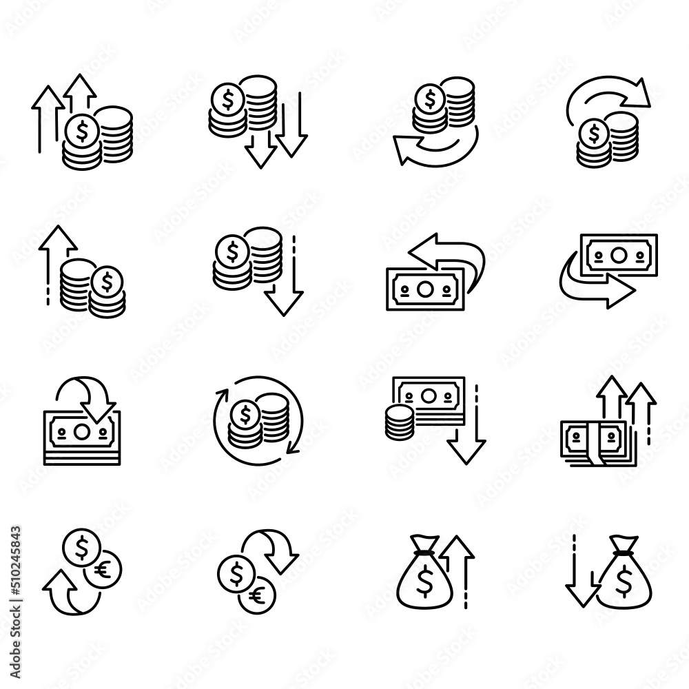 Set of vector icons related to money movement. Vector illustration of profit, loose, earnings and more with editable black outline. Set of vector icons related to money movement. Vector illustration of profit, loose, earnings and more with editable black outline.