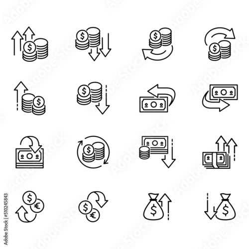 Set of vector icons related to money movement. Vector illustration of profit, loose, earnings and more with editable black outline.