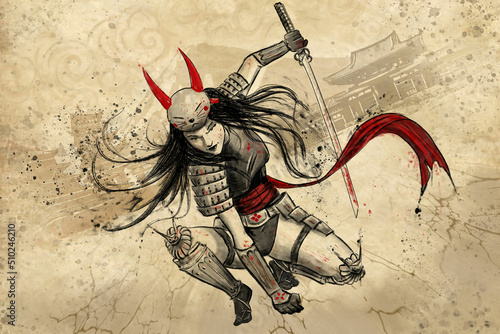 A ninja girl with a cat mask on her head holds a katana in her hand