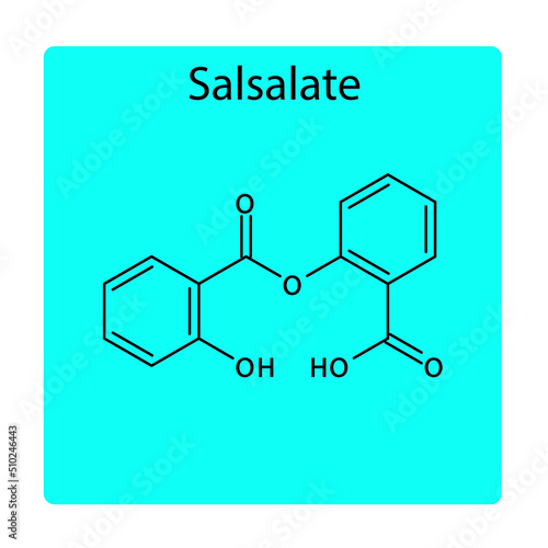Salsalate molecular structure, flat skeletal chemical formula. NSAID drug used to treat rheumatoid arthritis, osteoarthritis, rheumatic disorders. blue background Vector illustration.