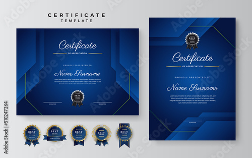 Blue and white certificate of achievement border template with luxury badge and modern line pattern. For award, business, and education needs
