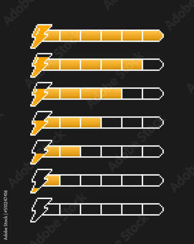 Pixel energy scale. Power reserve of protagonist, graphic elements for developing strategies. Interface for games and programs. Modern technologies and digital world. Cartoon flat vector illustration