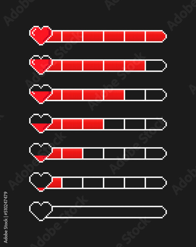 Pixel HP scale. Progress or regression in lives, graphic elements for games. Damage to main character, elements of interest, development of programs and apps. Cartoon flat vector illustration