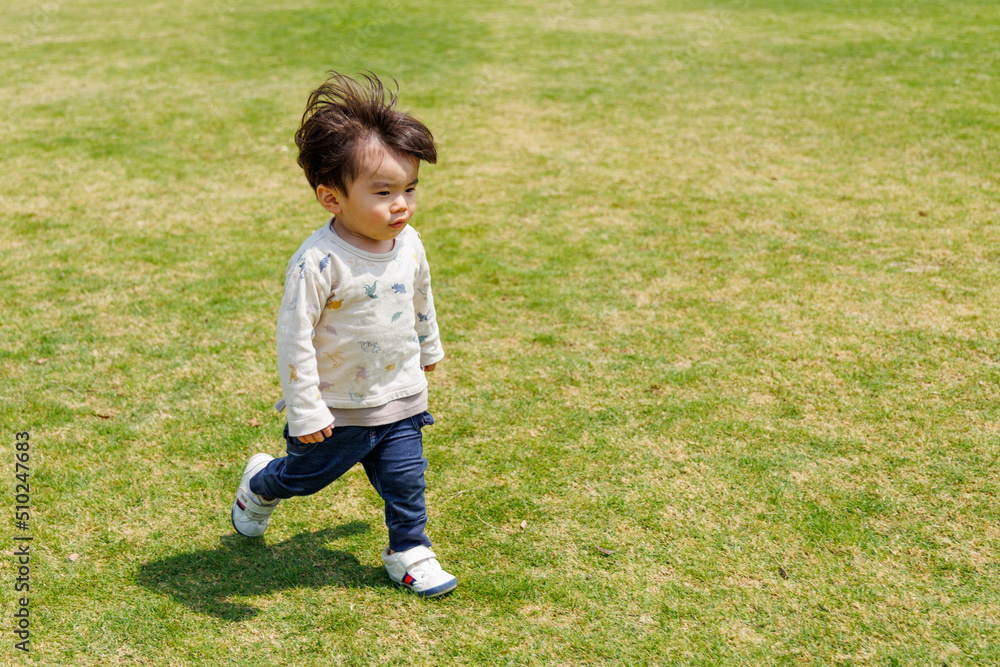 芝生を走り回る男の子 芝生を走り回る男の子